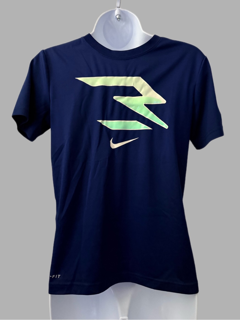 Nike Navy Blue Short Sleeve Tee with Neon Green Logo - Boys (YM)